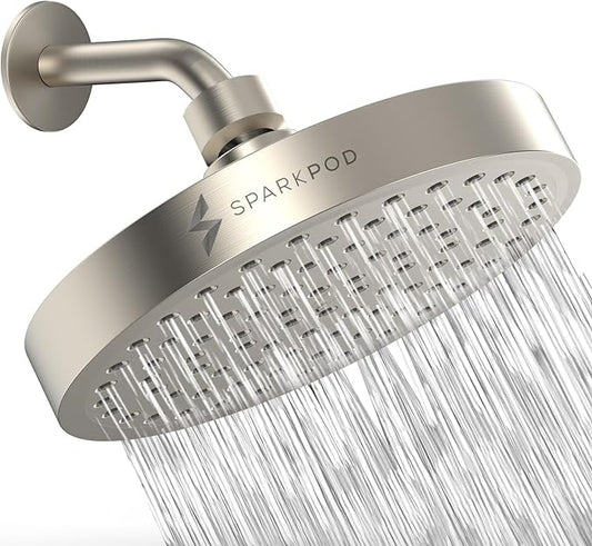 SparkPod Rain Shower Head, 6 Inch Round | High Pressure Shower Heads, 90 Nozzle (Touch-to-Clean), Adjustable Showerhead, No-tool Universal Connection