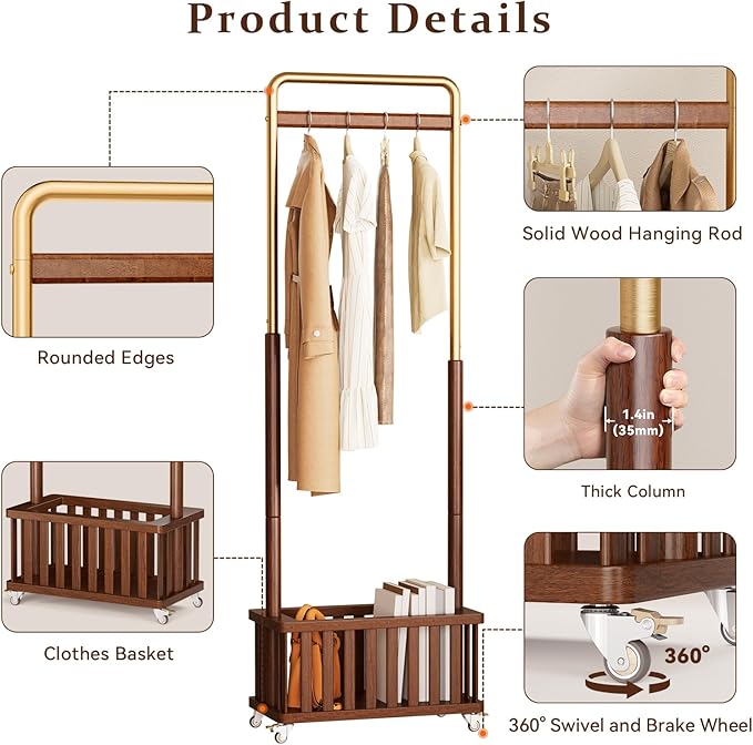 Clothes Rack Solid Wood Coat Rack, Metal and Solid Wood Combination Clothing Rack with Wheels for Entryway, Bedroom, Living Room, Coat Racks Freestanding for Hanging Clothes Garment Scarf