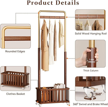 Clothes Rack Solid Wood Coat Rack, Metal and Solid Wood Combination Clothing Rack with Wheels for Entryway, Bedroom, Living Room, Coat Racks Freestanding for Hanging Clothes Garment Scarf