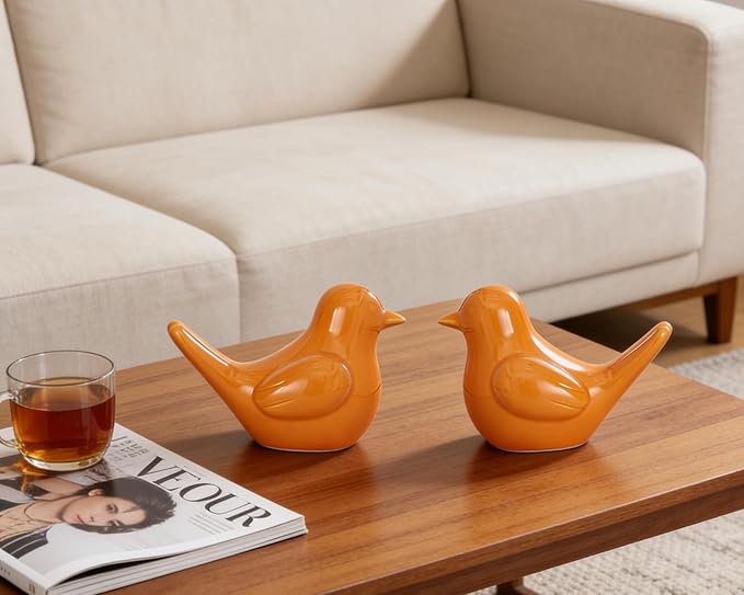 Artconal Small Orange Bird Statue Ceramic 2-Piece Set, 3¾ inch Cute Knick Knack for Home Office Shelf Desk Decor