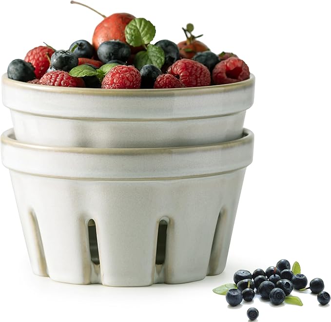 Gomakren Fruit Basket for Kitchen, Fruit Bowl with Holes, Ceramic Berry Basket Set of 2, 5.8 Inch Round Berry Containers Colander - Farmhouse Kitchen Decor, White