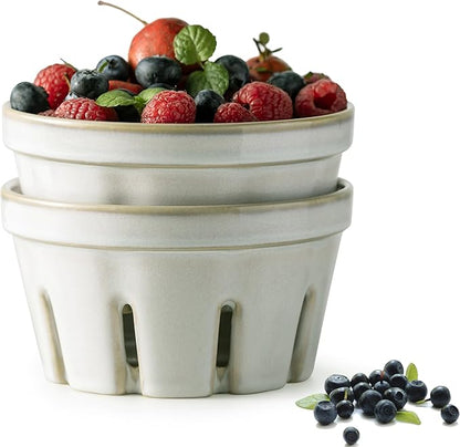 Gomakren Fruit Basket for Kitchen, Fruit Bowl with Holes, Ceramic Berry Basket Set of 2, 5.8 Inch Round Berry Containers Colander - Farmhouse Kitchen Decor, White