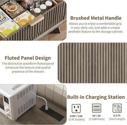 QUW Fluted Sideboard Buffet Cabinet with Charging Station, 47.2" Kitchen Storage Cabinet with Drawers and Adjustable Shelves, Modern Coffee Bar Kitchen Table for Dining Room, Living Room, Grey