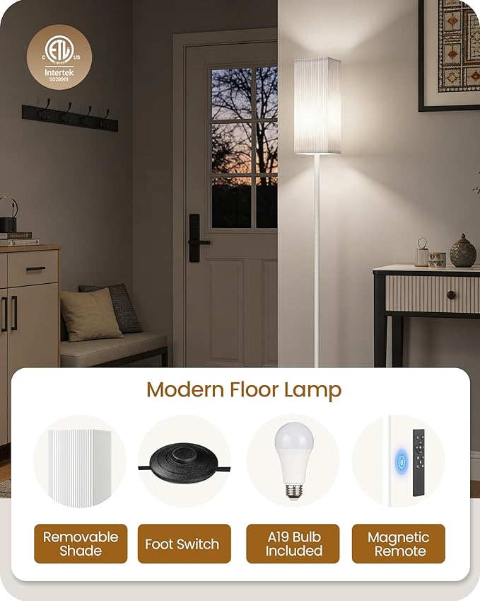 64.2” Dimmable Floor Lamp for Living Room with Remote and Foot Switch, Corner Floor Lamp for Bedroom, Includes 10W A19 Bulb, Modern Standing Tall Lamp, ETL Listed, White WCW17LD05