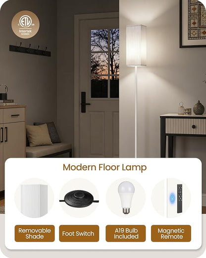 64.2” Dimmable Floor Lamp for Living Room with Remote and Foot Switch, Corner Floor Lamp for Bedroom, Includes 10W A19 Bulb, Modern Standing Tall Lamp, ETL Listed, White WCW17LD05