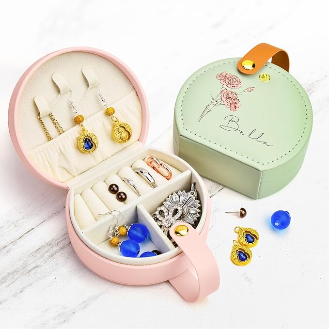 Personalized Leather Travel Jewelry Box with Name and Birth Flower for Women Gifts Custom Small Travel Jewelry Organizer Case Bridesmaid Proposal Gifts, Personalized Gifts for Women (Birth Flower)