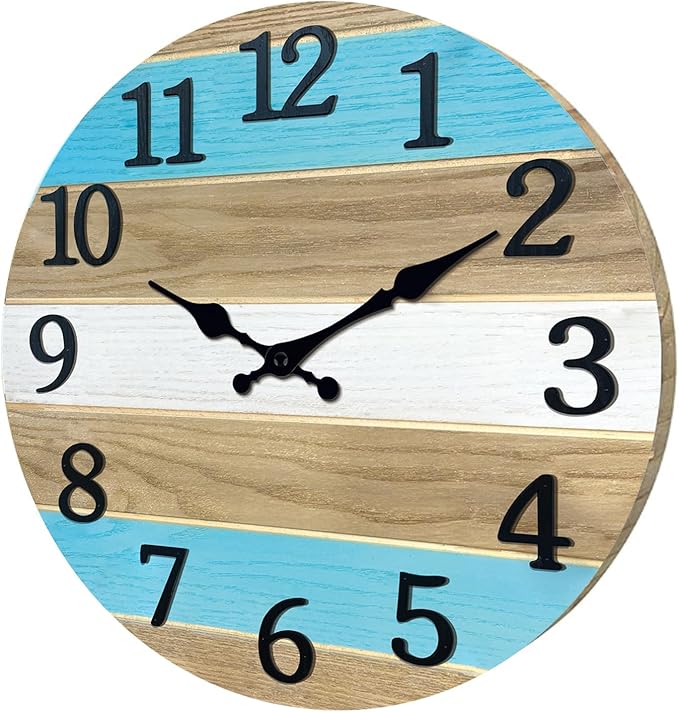 Solid Wood Wall Clocks Battery Operated 12 Inch Blue Rustic Wall Clocks for Living Room Decor Analog Farmhouse Wall Clock Non Ticking