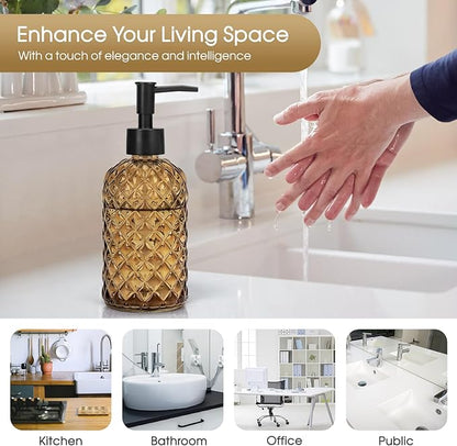 Topsky Gem Glass Soap Dispenser with Black Plastic Pump, 13oz Liquid Hand Soap Dispenser, Rustproof Pump for Kitchen & Bathroom, Great for Lotions, Essential Oil, Liquid Soaps-Amber