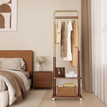 Clothes Rack Solid Wood Coat Rack,With Double Shelf Metal & Wood Clothing Rack Freestanding with Wheels for Hanging Clothes Garment, Entryway Bedroom Storage
