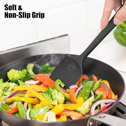 Heat Resistant Silicone Spoon Spatula, Doosu 600°F High Temp Flexible Cooking Spoons Kitchen Rubber Spoonula Scratch-Proof for Mixing Stirring Scraping Serving Non-Stick Cookware (11.4in, Black)