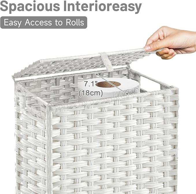 Toilet Paper Storage Basket with Lid and Wheels, Rattan Toilet Paper Holder Storage, Toilet Paper Organizer for Bathroom, Bedroom, Kitchen, 12.6”L x 7.1”W x 17.14”H, White