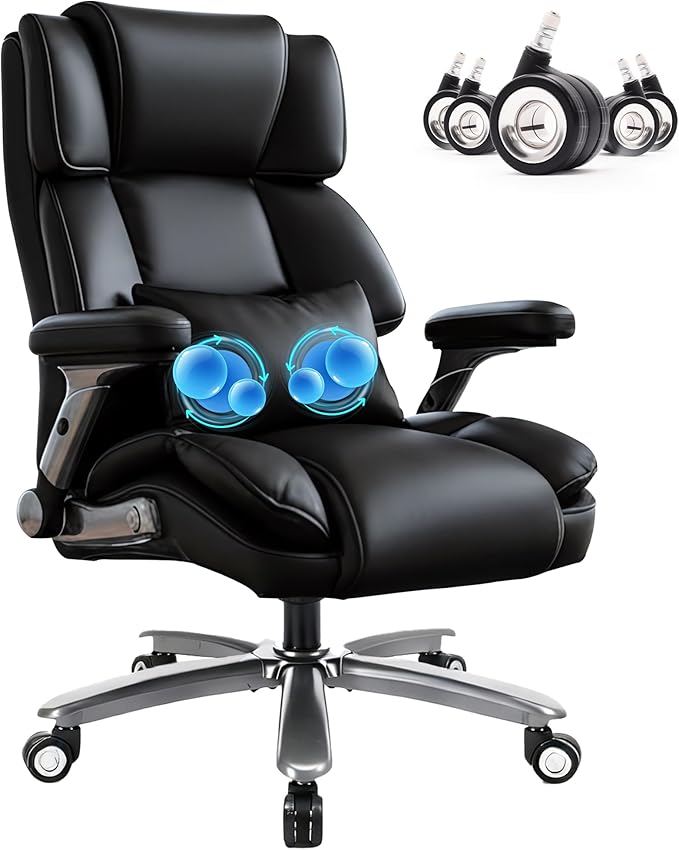 750lbs Heavy Duty Desk Chair with 3D Kneading Massage, Big and Tall Office Chairs with Ergonomic Support, 4D Armrests, 5 Quiet Dual Rubber Wheel, Thick Pocket Spring Cushion(Black, PU)