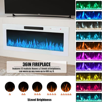 VITESSE TV Stand Fireplace with 36" inch Electric Fireplace Up to 90" TVs, LED Light Entertainment Center, 80" Modern Wood High Gloss with Highlight Storage Cabinet for Living Room (White)