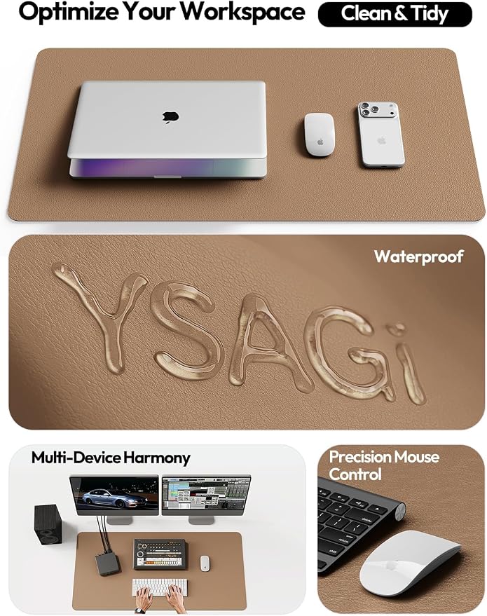 YSAGi Leather Desk Protector, Office Mat, Large Mouse Mat, Non-Slip PU Leather Blotter, Laptop Desk Mat, Waterproof Writing Pad for Office and Home(Khaki, 42" x 17.2")