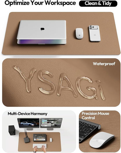 YSAGi Leather Desk Protector, Office Mat, Large Mouse Mat, Non-Slip PU Leather Blotter, Laptop Desk Pad, Waterproof Writing Pad for Office and Home (Khaki, 47" x 17")