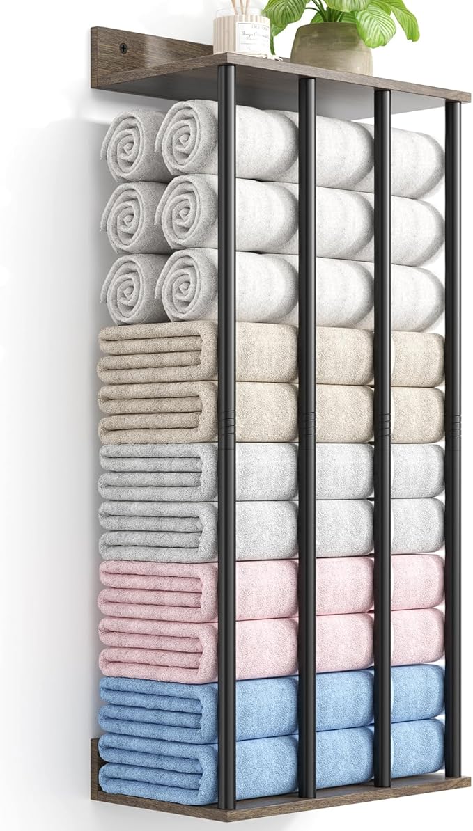 Towel Racks for Bathroom Wall Mounted, Updated 4 Bar Wall Towel Holder | Large Bathroom Towel Storage Rack for Rolled Towels, Modern Metal Towel Organizer Shelf with Wooden Storage Shelf