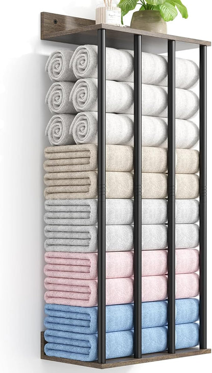 Towel Racks for Bathroom Wall Mounted, Updated 4 Bar Wall Towel Holder | Large Bathroom Towel Storage Rack for Rolled Towels, Modern Metal Towel Organizer Shelf with Wooden Storage Shelf