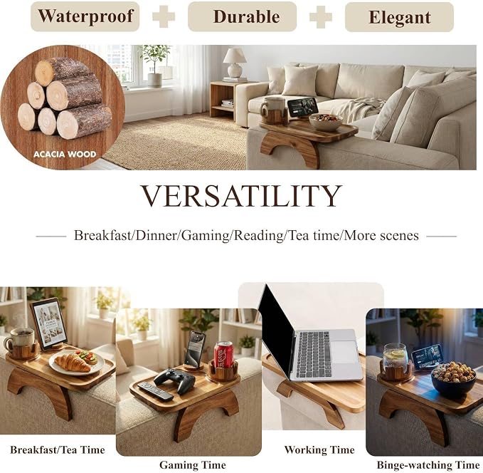 Couch Armrest Table, Acacia Wood Sofa Arm Tray with 360° Rotating Phone & Cup Holder, Clip-On Arm Rest Table for Couch, Anti-Slip Tray for Snacks & Drinks, for Men Dad, 15.4" x 9.8"