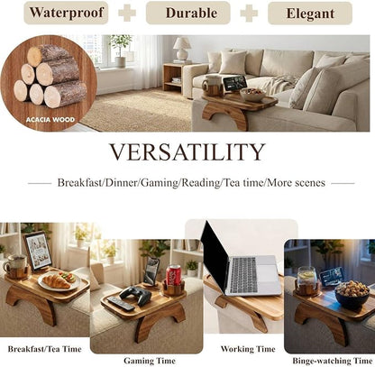 Couch Armrest Table, Acacia Wood Sofa Arm Tray with 360° Rotating Phone & Cup Holder, Clip-On Arm Rest Table for Couch, Anti-Slip Tray for Snacks & Drinks, for Men Dad, 15.4" x 9.8"