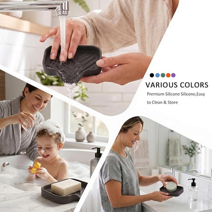 MicoYang Silicone Soap Dish with Drain Spout, Self-Draining Sink Organizer Tray for Bathroom and Kitchen, Sponges, Dispensers and Soap Holder, Non-Slip and Dishwasher Safe, Coffee (Compact, 4.9"×3.2")