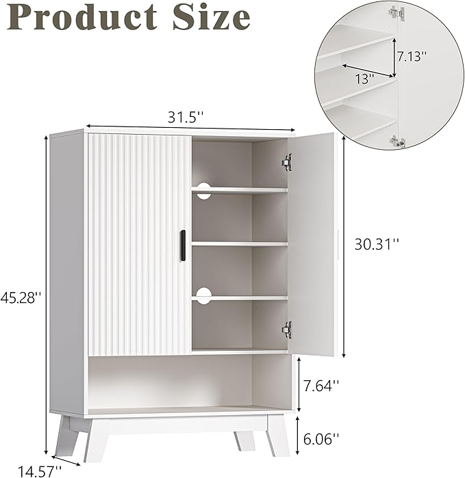 Shoe Cabinet Storage for Entryway, 5 Tier Fluted Shoe Storage Cabinet with Wooden Legs, Narrow Hidden Shoe Organizer with Adjustable Shelves, Freestanding Shoe Rack for Entryway, Hallway, White