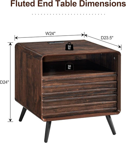 RedLemon 24" Nightstand with Charger Station, Mid Century Modern Fluted End Table with 2 Drawers, Wooden Side Table with Open Cubby Storage for Living Room, Bedroom, Office (Dark Walnut)