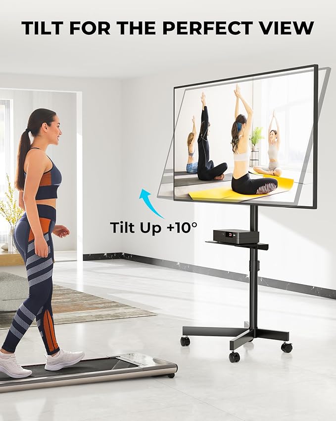 BONTEC Rolling TV Stand with Tilt, Mobile TV Stand Wheels for 23–65 Inch LED LCD TVs, Portable TV Cart with Adjustable Shelf for Living Room, Bedroom, Outdoor TV Stand Holds 88 lbs, Max VESA 400x400mm