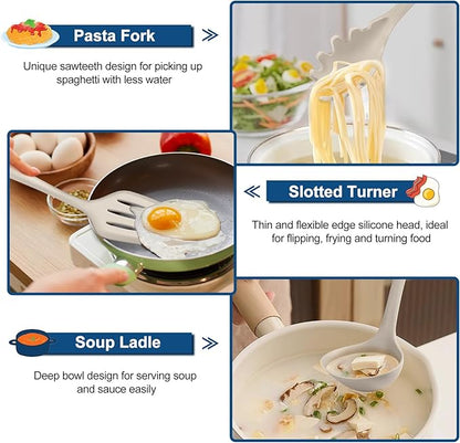 TeamFar Silicone Cooking Utensils, 7 PCS Heat Proof Kitchen Utensils Set, Kitchen Tools Spatula Turner Ladle Spoon Pasta Fork for Nonstick Cookware, Non-Toxic & Dishwasher Safe, Khaki
