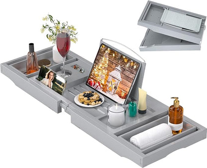 Bathtub Caddy Tray for Tub,Foldable Bath Table Trays,Bamboo Shelf with Book and Wine Glass Holder,Bathroom Accessories Suitable for Luxury Spa or Reading,Gray