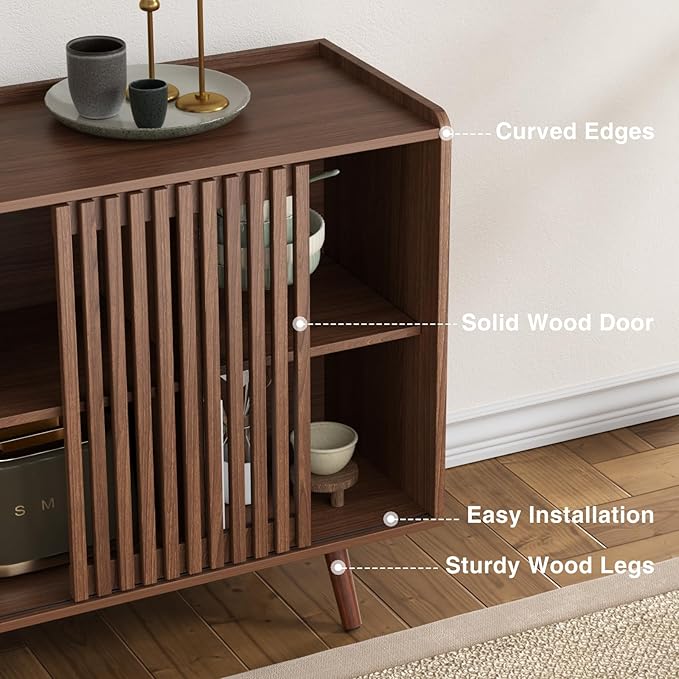 47.2" Buffet Cabinet with Storage, Mid-Century Sideboard Coffee Bar Cabinet with Sliding Door for Living Room, Dining Room, Kitchen, Hallway, Walnut