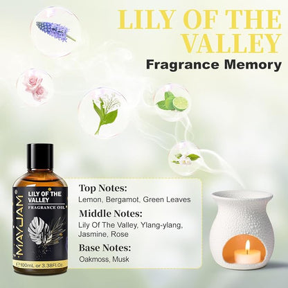 Lily of the Valley Fragrance Oil, MAYJAM 3.38FL.OZ Essential Oils for Diffusers for Home, Long Lasting Scented Oils for Soap Candle Making - 100ML