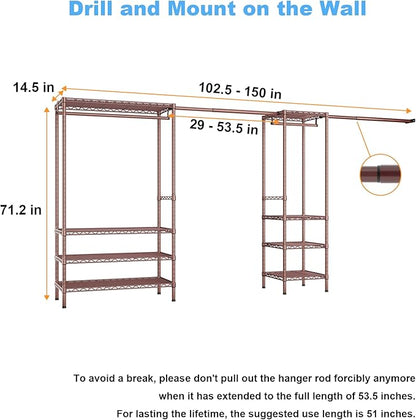 Ulif E11 Heavy-Duty Garment Rack, Metal Freestanding Clothes Rack and Closet Storage Organizer System with 8 Shelves and 4 Hanger Rods, (73.2-97.6)" W x 14.5" D x 71.2" H, Load 1034 LBS, Bronze