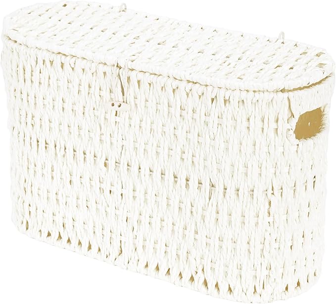 Coeusy Toilet Paper Storage Basket with Lid, Paper Rope Toilet Paper Holder for Up to 6 Mega Rolls, Wicker Basket for Bathroom Accessories Organizer, Boho Hand Woven Rattan Decorative Decor, White