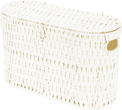 Coeusy Toilet Paper Storage Basket with Lid, Paper Rope Toilet Paper Holder for Up to 6 Mega Rolls, Wicker Basket for Bathroom Accessories Organizer, Boho Hand Woven Rattan Decorative Decor, White