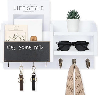 Lwenki Mail and Key Holder – Wall Mount Key Hanger with Shelf and 7 Metal Hooks – Decorative Natural Paulownia Wood Entryway Organizer with Mounting Hardware (16.5”W x 8.7”H x 3.5”D) (White)