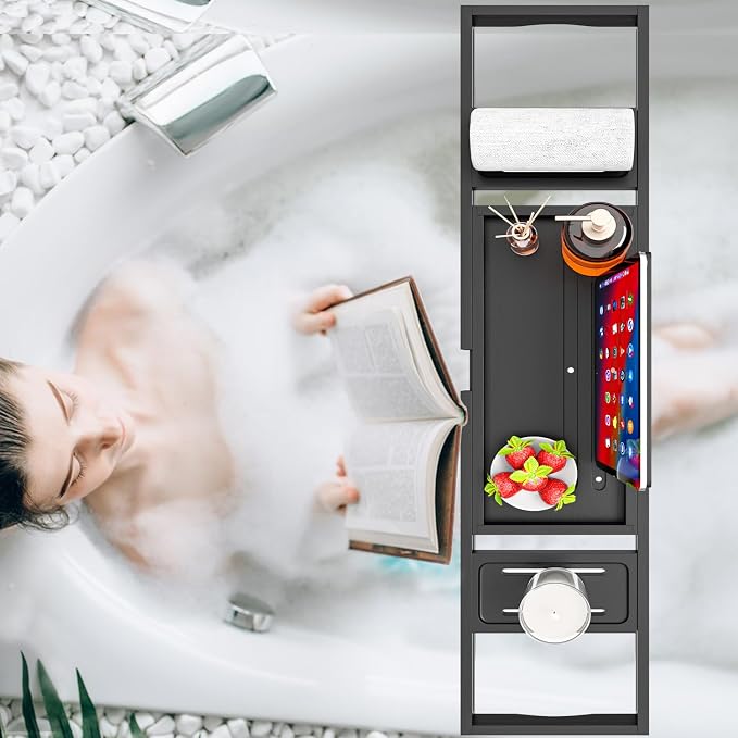 Bathtub Tray Black- Expandable Bamboo Wooden Bath Trays for Bathub - Bath Tub Table Tray for Bathtub/Tub,Adjustable Size, Fits Most Tubs