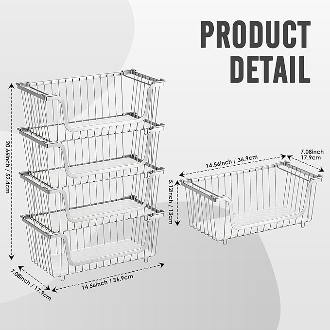 GAOKASE 4 Pcs Stackable Wire Baskets for Pantry Organizers and Storage,Vegetable Fruit Basket for Countertop,Kitchen Storage Metal Baskets,Produce Potato Onion Storage Bin,silver