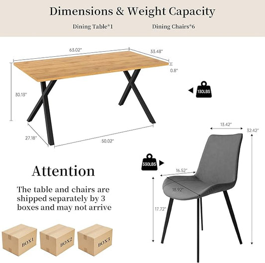 HIPIHOM 7-Piece Dining Table Set for 6 People, 63" MDF Kitchen Table with 6 Upholstered Chairs, Metal Legs for Dining Room, Kitchen(Oak Table+6 Grey Chairs)