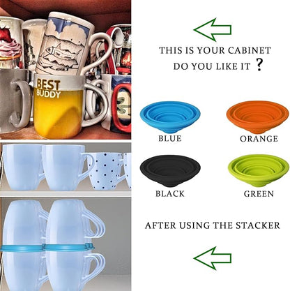 Mug Stacker Kitchen Cabinet Shelf Organizer - Cupboard and Pantry Organization - Expandable and Stackable Storage Solution for Tea Cups and Coffee Mugs - Save Space and Stay Organized (3Pcs Blue)