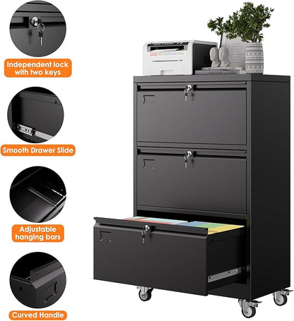 METAN Upgrade 3 Drawers Lateral File Cabinet on Wheels,Steel Office Filing Storage Cabinet with 3 Locks,Assembly Required,Black