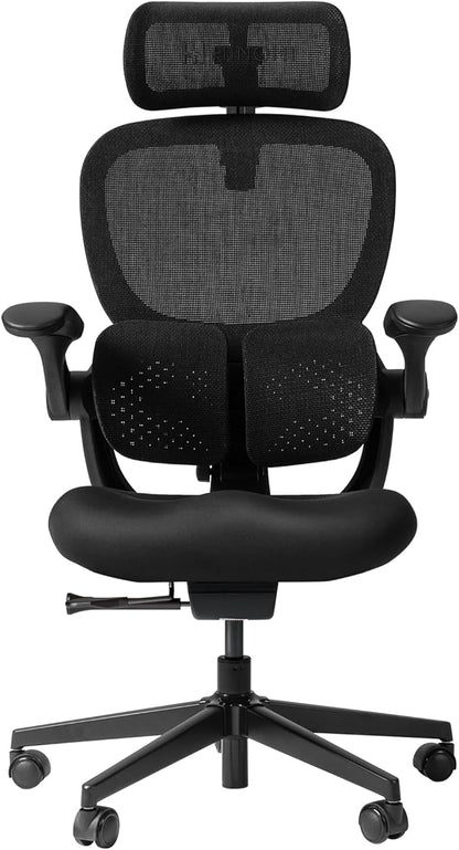 HINOMI Q2 Ergonomic Office Chair with Lumbar Support & Adjustable Headrest, Cushion Seat with Flip-Up Arms, Reclining Computer Seating with Footrest, Stylish Desk Model for Home (Black)