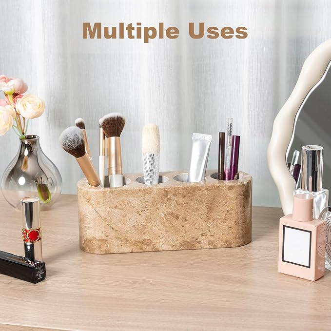 Toothbrush Holder for Bathrooms, 4-Slots Marble Toothbrush and Toothpaste Holder Stand Bathroom Organizer Countertop for Electric Toothbrush, Floss, Razor, Comb (Brown)