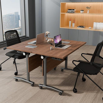 4Packs Folding Conference Table with Silent Wheels,Mobile Flip Top Meeting Room Table for Office Training and Classroom,Foldable Modular Rolling Desk for Home Office,Walnut Space-Saving Rectangular
