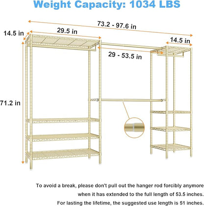 Ulif E11 Heavy-Duty Garment Rack, Metal Freestanding Clothes Rack and Closet Storage Organizer System with 8 Shelves and 4 Hanger Rods, (73.2-97.6)" W x 14.5" D x 71.2" H, Load 1034 LBS, Gold