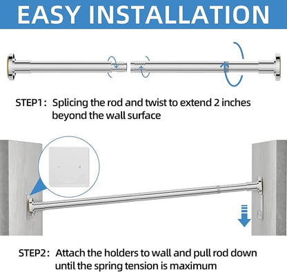 CorkLatta Chrome Shower Curtain Rod,1 Inch Diameter Stainless Steel Adjustable Spring Tension Rods 32 to 68",with Holders,Anti-Slip,Curtain Rods No Drilling(1 Pack)