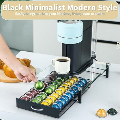 FlagShip Vertuo Pod Holder with Tempered Glass Top,Compatible for Nespresso VertuoLine Pods,Holds up to 40 Big Vertuo Pods,Smooth Pull-Out Design,Fits Under Coffee Makers (12.1''W x 16''D x 3.6''H)