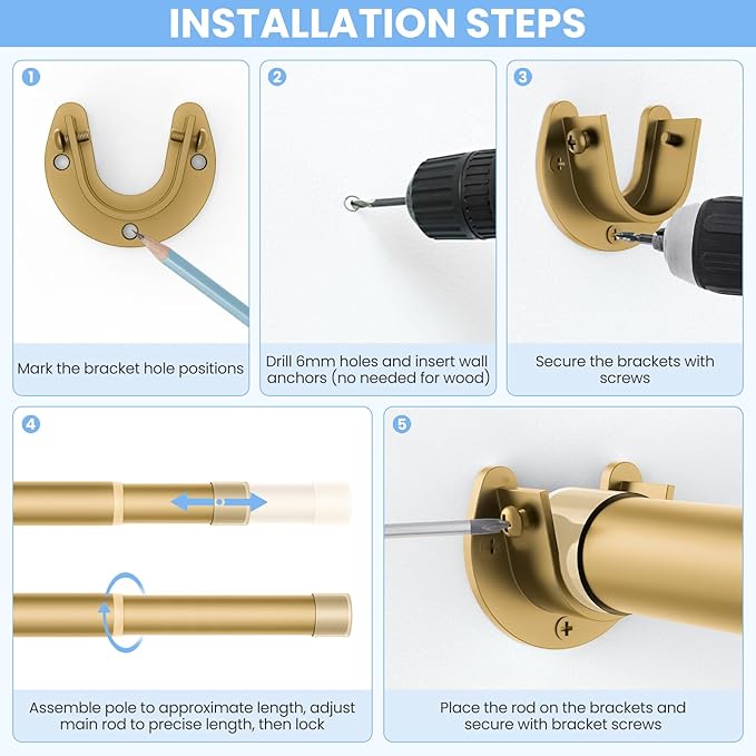 Closet Rods for Hanging Clothes, 17 to 39 Inch Heavy Duty Stepless Adjustable Closet Hanging Rod, 1.3 Inch Diameter Metal Closet Rod for Wardrobes Laundry Bedroom RV, Gold