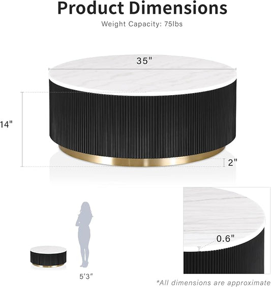 Furniture of America Beryl Modern Round White Genuine Marble Top Coffee Table with Fluted Pedestal Base and Gold Stainless Steel Accent, Low Profile Table for Living Room, Home Office, Black