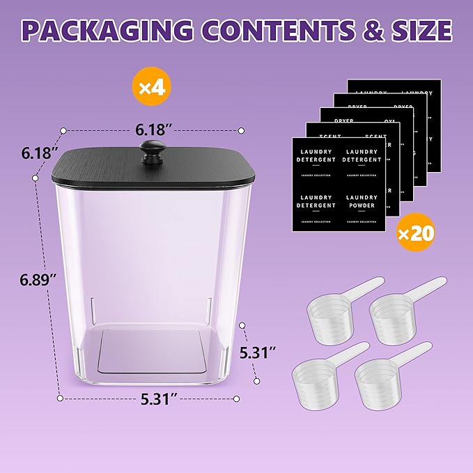 Moforoco 4 Pcs Laundry Pods Container, Clear Laundry Room Organization Containers,Large Detergent Powder Storage, Black Wooden Lids & Labels Dry Sheet Holder