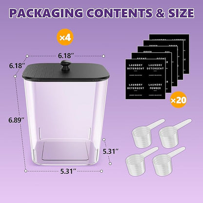 Moforoco 4 Pcs Laundry Pods Container, Clear Laundry Room Organization Containers,Large Detergent Powder Storage, Black Wooden Lids & Labels Dry Sheet Holder